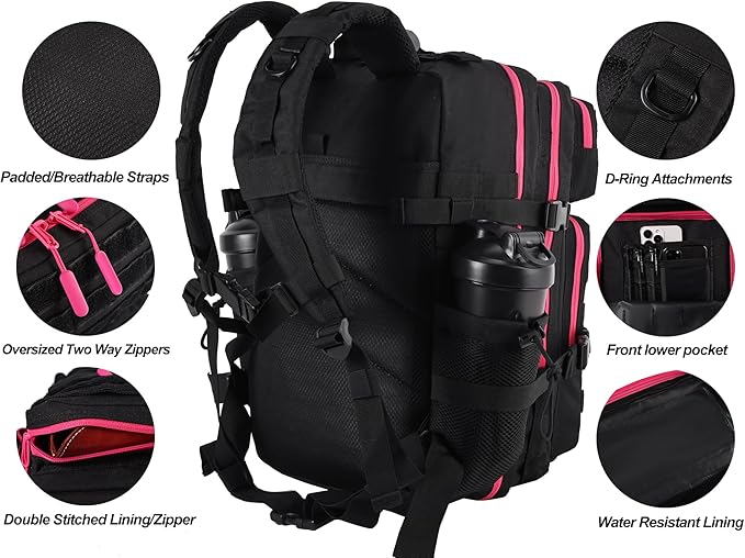 LHI Military Tactical Backpack for Men and Women 45L Army 3 Days Assault Pack Bag Large Rucksack with Molle System - Black with red zipper