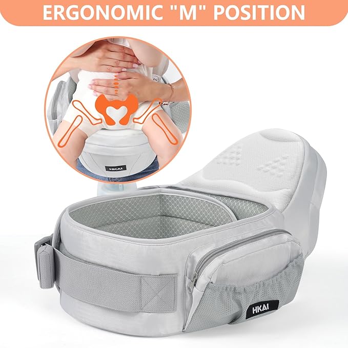 HKAI Baby Hip Carrier, Mom’s Choice Award Winner, Baby Carrier with Adjustable Waistband & Breathable Mesh, Ergonomic Carrier with Non-Slip Hip Seat Surface for Newborns & Toddlers, Light Grey