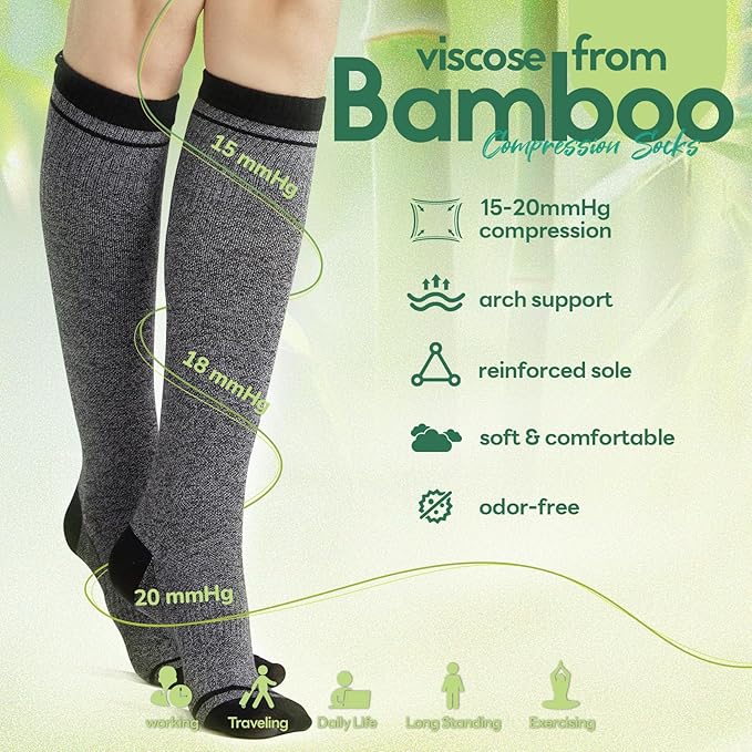 Mens Compression Socks for Men Women, 15-20 mmHg Bamboo Viscose Knee High Soft Support for Travel Daily