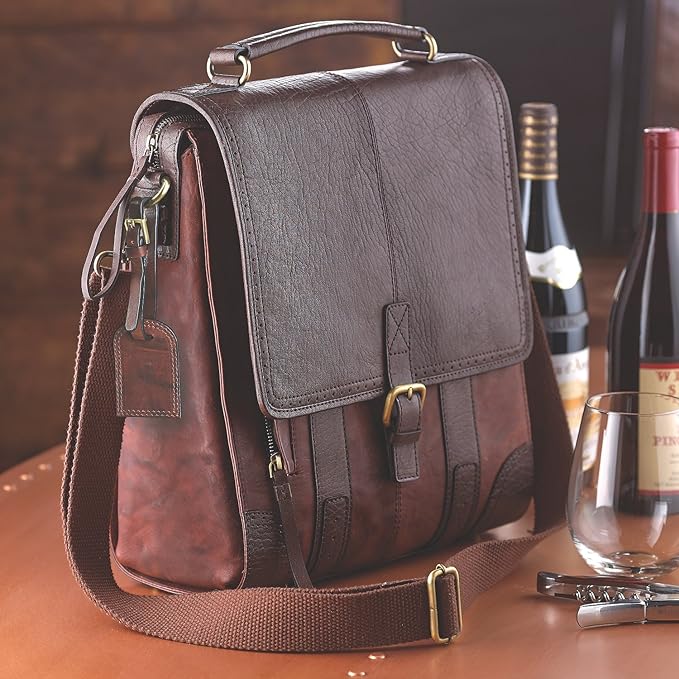 Wine Enthusiast 3-Bottle Leather Wine Tote Bag | Handcrafted Leather Wine Carrier with Dividers | Secure Buckle & Zipper Closure | Portable Wine Cooler Bag for Picnics, Travel & Parties | Wine Gifts