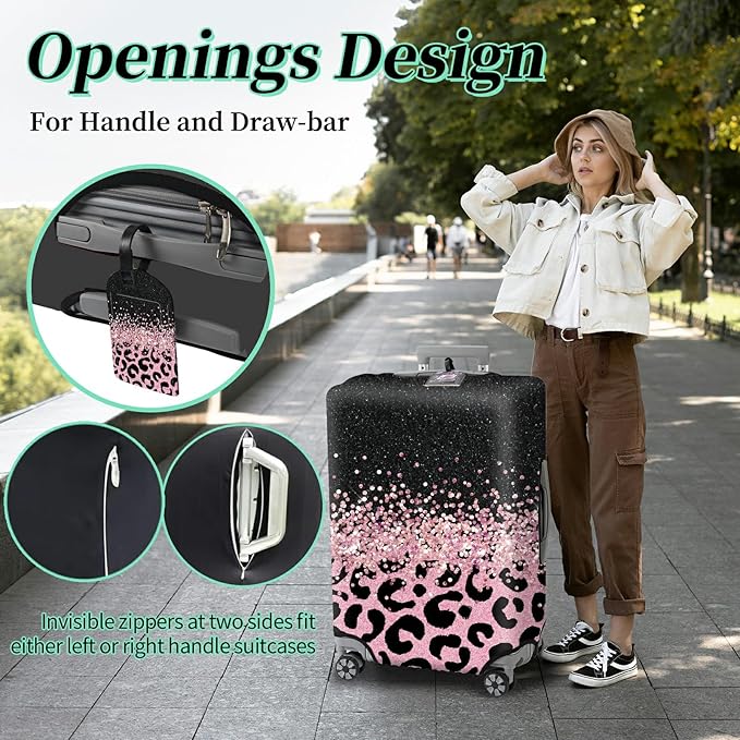 Luggage Cover + Tag, Pink Leopards Travel Suitcase Cover for 29-30 inch Luggage (XL) with Concealed Zipper, Washable Elastic Cloth, Dustproof, Anti-Scratch