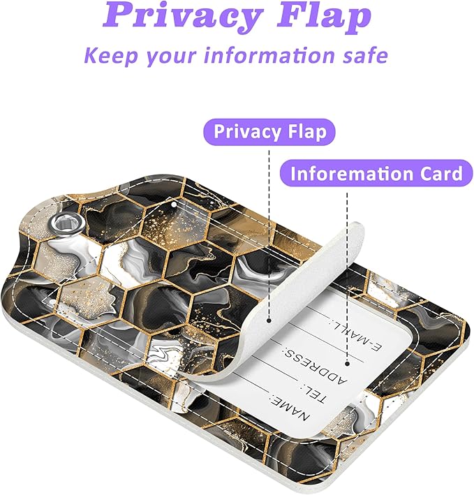 Gold Ink Hexagon Texture Luggage Tags 2PCS PU Leather Suitcases Tag with Stainless Steel Loop and Privacy Name Address Cover Label Card for Women Men Travel