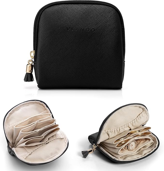 Vlando Small Jewelry Travel Case,Jewelry Pouch Bags with Zipper,Velvet Jewelry Organizer Storage Bag for Bracelet Rings Earring Travel Essentials Gifts for Women Girl-Black