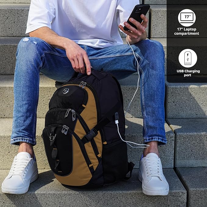 Swissdigital Design Laptop Backpack with USB Charging Port, TSA Travel Backpack Fits 15.6 inches Computer, 31L College School Backpack for Men, Tan/Black | SD803