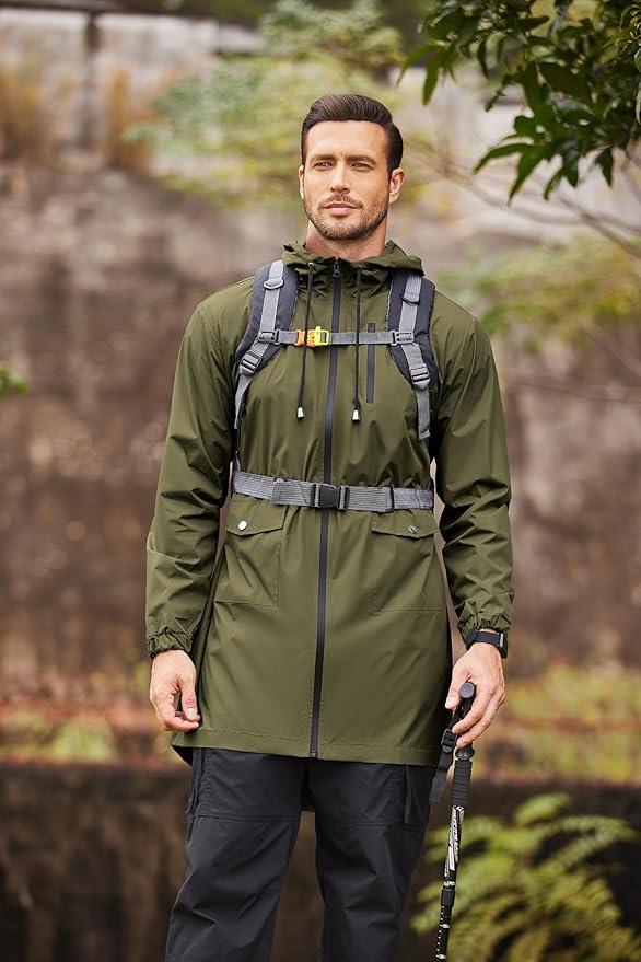 COOFANDY Men's Long Raincoat Ligtweight Rain Jacket Waterproof Outdoor Jackets with Hood