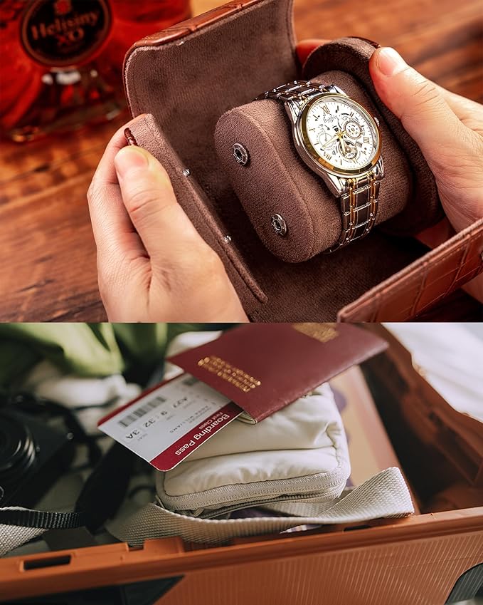 MR.OKAY Single Watch Travel Case-Classic Leather Watch Case With Superb Texture.(Portable Watch Roll Or Organizer For Storage And Display).Festival Gift For Men,All Handcrafted By Artisans.
