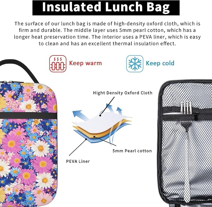 Floral Insulated Lunch Box for Women Men Floral Lunch Bag for Travel,or Fishing Polyester