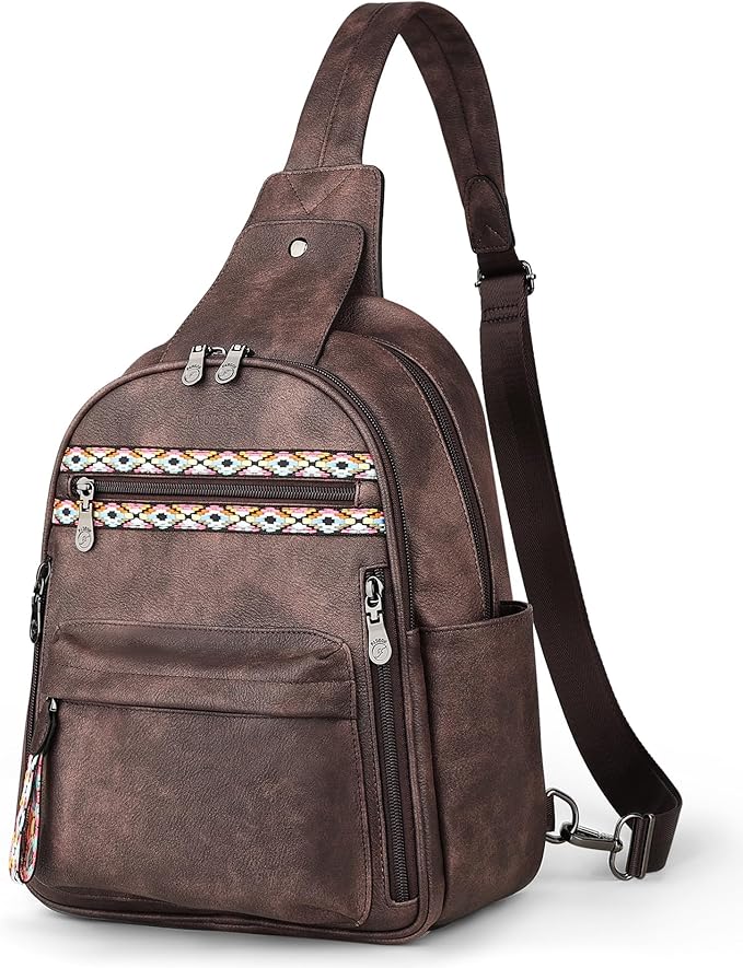 FADEON Large Sling Bag for Women, Leather Crossbody Purse Designer Anti Theft Sling Backpack, RFID Fanny Packs for Travel