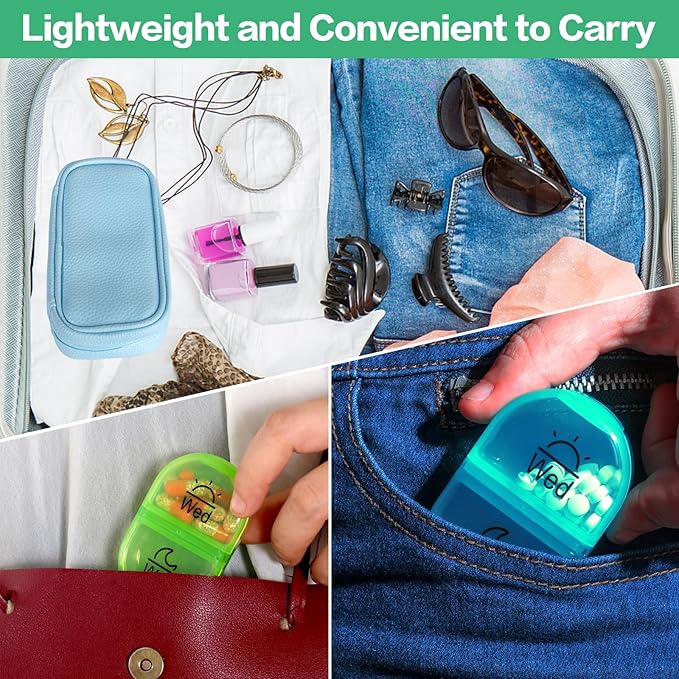 Serfeymi Weekly Travel Pill Organizer 2 Times A Day AM PM Upgraded Rainbow Pill Box 7 Day with Portable Zipper PU Leather Pill Case, Medicine Organizer for Pills, Vitamins, Fish Oils - Blue 01