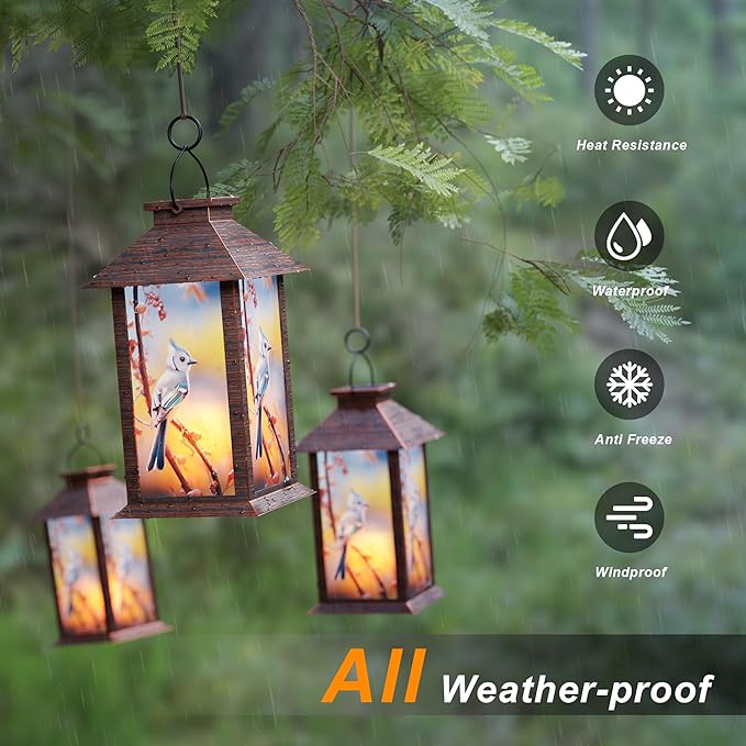 Outdoor Solar Lanterns, Waterproof Blue Jay Hanging Lantern with Flickering LED Candle, 13'' Bird Outdoor Solar Powered Lantern Decor for Porch Patio Garden Balcony Pathway, 1 Pack
