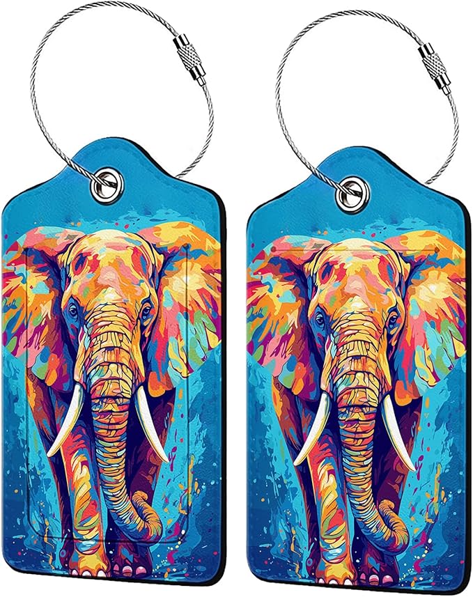 Colorful Elephant 2-Pack Luggage Tags for Suitcases,Leather Baggage Tag with Loop, Tags Private Name ID Labels for Women Girl Men Boys Travel Baggage Suitcase