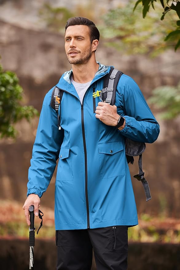 COOFANDY Men's Long Raincoat Ligtweight Rain Jacket Waterproof Outdoor Jackets with Hood