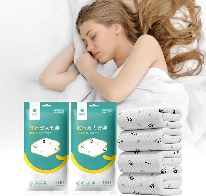 YOUNGTIME Disposable Bed Sheets, Quilt Cover and Pillow case Set for Hotel and Travel,Portable Ready to use Bedding Set Travel 4-Piece Double,Panda,2 Pack