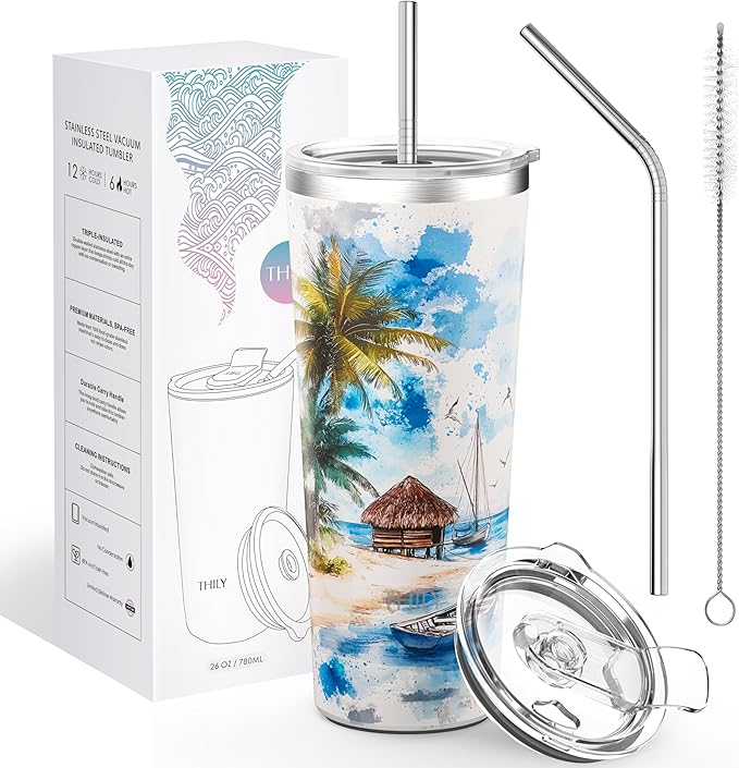THILY Vacuum Insulated Stainless Steel Tumbler Travel Mug 26 oz Coffee Cup with 2 Lids and Straws, Splash Proof, Reusable, Keep Iced Drinks Cold, Coastal Breeze