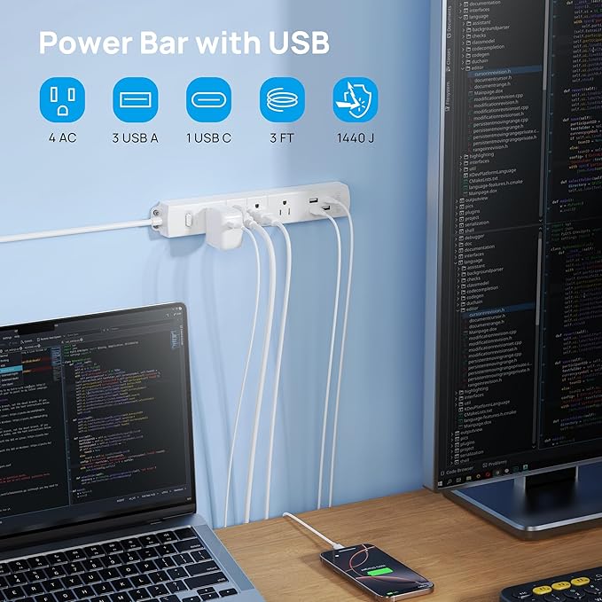 TROND Surge Protector Power Strip with USB, Ultra Thin Flat Plug 3ft Extension Cord 1625W, 3 USB A & 1 Type C, 4 AC Outlets 1440J Surge Protection ETL Listed, Wall Mount for Home Office Dorm, White