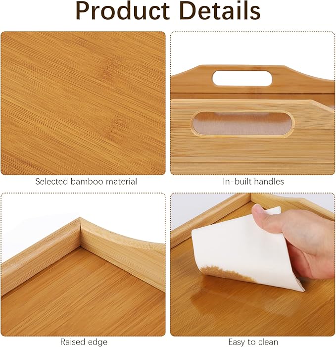 Ruisita 2 Pack Bamboo Bed Tray Table with Folding Legs Breakfast in Bed Tray Snack Food Tray Serving Platters Tray with Handles for Adults Kids Eating Kitchen Bedroom (15.8 x 11 x 6.9 Inch, Natural)