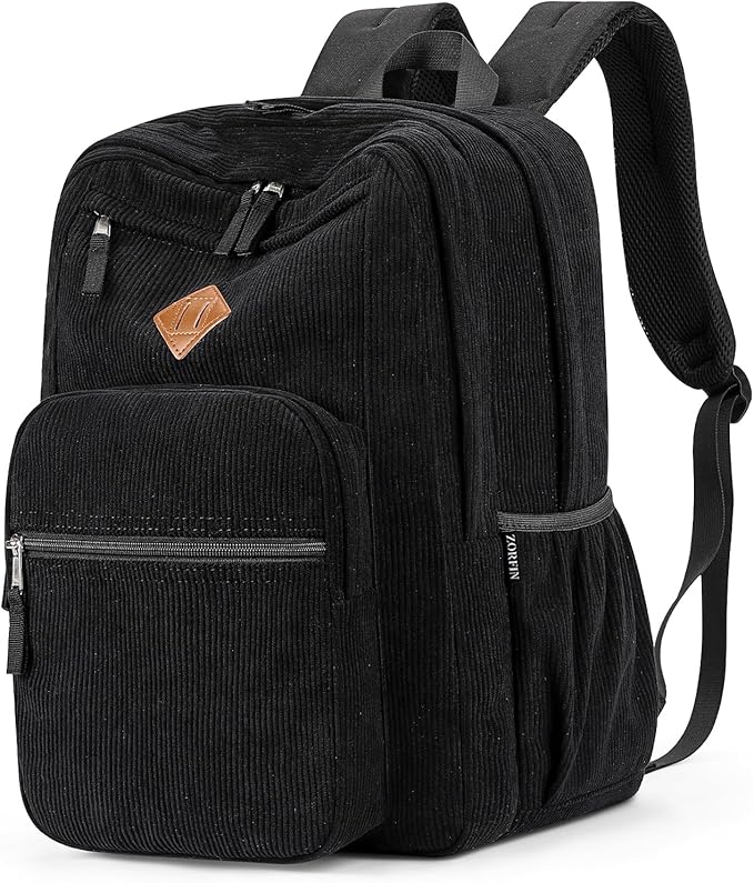ZORFIN 26L Backpack for College, and Travel: Corduroy Bookbag - Black