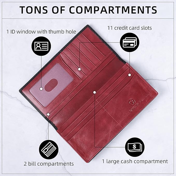 VISOUL Mens Leather Long Checkbook Bifold Wallets with RFID Blocking, Carbon Fiber Leather Tall Wallets for Men (Black+Burgundy)