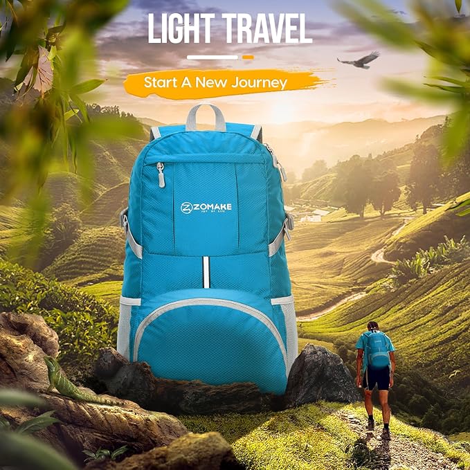 ZOMAKE Lightweight Packable Backpack 35L, Light Foldable Backpacks Water Resistant Collapsible Hiking Bag, Compact Folding Day Pack for Travel Camping(Light Blue)