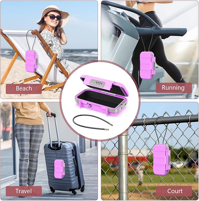 LOFICOPER Portable Safe Box, Travel Safe Lock Box, Waterproof Beach Lock Box, Personal Security Case, with Combination Code, Detachable Steel Rope, for Travel, Beach, Hotel, Home, Office, Pink