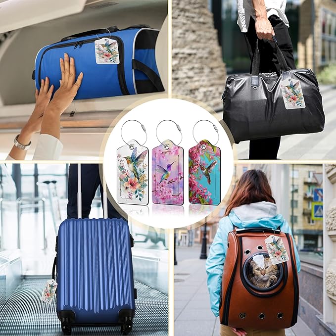 Hummingbird Flowers 3 Pack Luggage Tags for Suitcases, Cute Leather Name Tag with Privacy Cover with Stainless Steel Loops, Travel ID Bag Tags for Women Men
