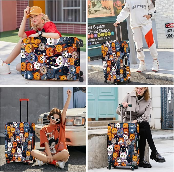 ANNA QUEEN Colorful Cat Luggage Cover, Fun Cat Design with Multiple Cats, Stretchable, Washable Travel Sleeve for 28-30 Inch Luggage