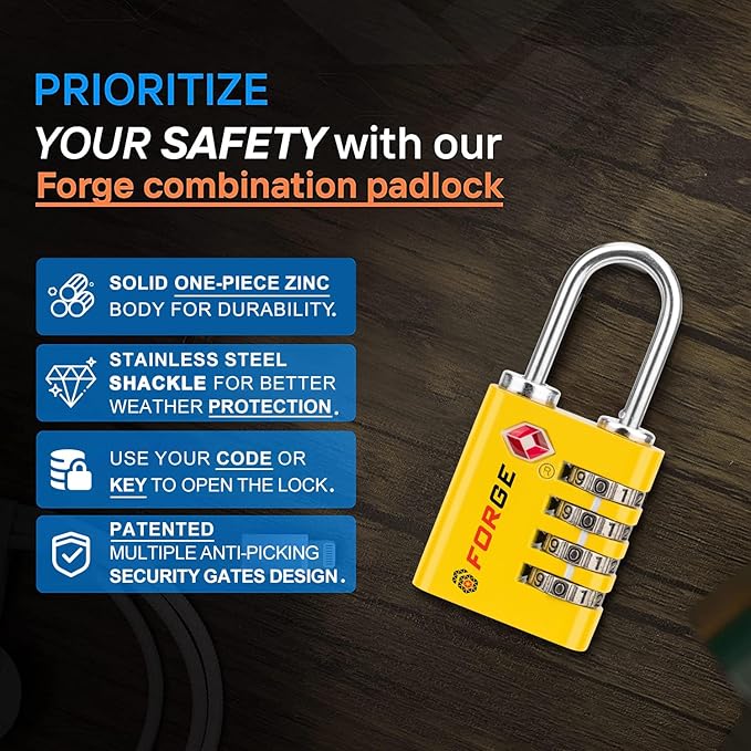 Forge Dual-Opening: Key or Combination Access Lock, TSA Approved Locks for Luggage, Pelican case, Travel, Gym, School, Stainless Steel Shackle.(Yellow 2 Locks)