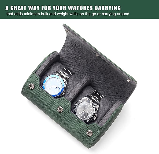 Longjet Watch Roll Travel Case for Men Portable Watches Organizer Box with Removable Velvet Pillow Holder (2 Slot Denim Green)