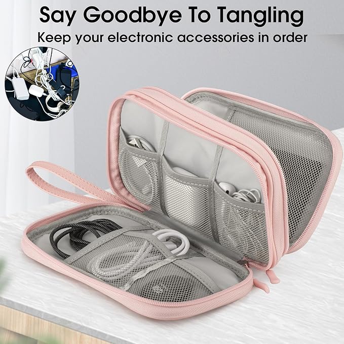 Leather Travel Electronic Organizer - Double Layer, Waterproof Case for Cables, Chargers, Phones & More - Portable, Shockproof Pouch for All Your Electronics Accessories (Light Pink, M)