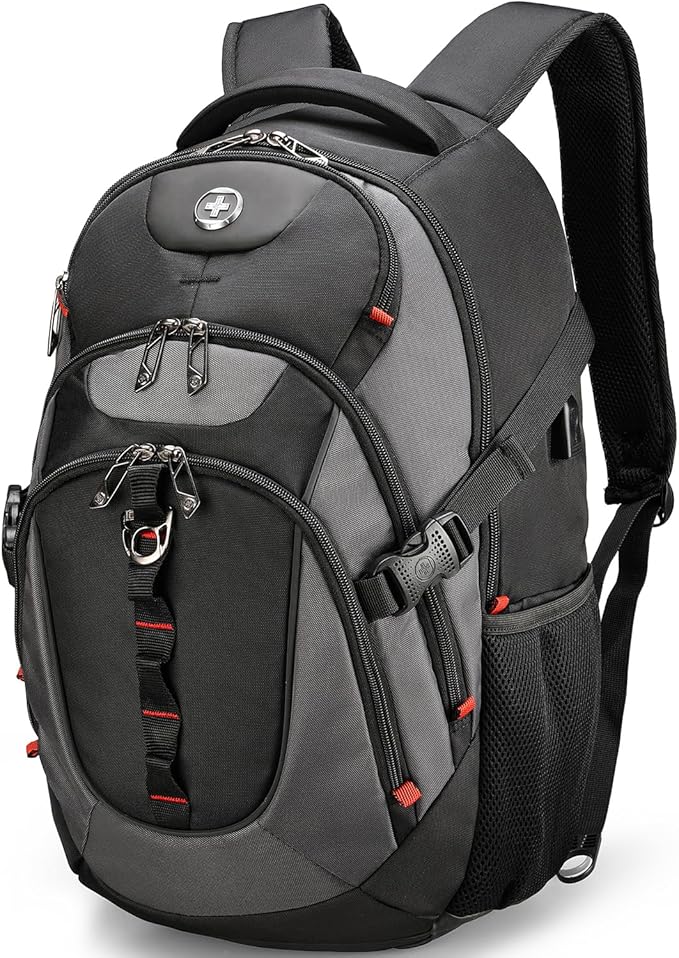 Swissdigital Design Laptop Backpack with USB Charging Port, TSA Travel Backpack Fits 15.6 inches Computer, 31L College School Backpack for Men, Black/Grey | SD803