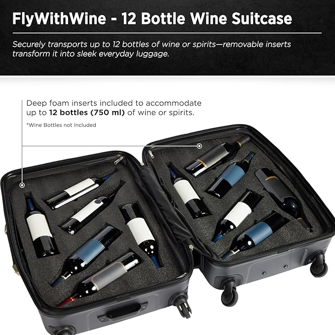 FlyWithWine® by VinGardeValise 12 Bottle Hard Shell Wine Suitcase with Hinomoto 360 Degree Spinner Wheels for Airplanes, TSA Approved Wine Luggage with Removable Foam Insert