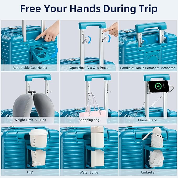 28 Inch Luggage Hard Shell Suitcases, Expandable Travel Checked Luggage 28 Inch, Large Check In Luggage with Spinner Wheels Cup Holder Charger Built in Lightweight Suitcase, Caribbean Blue