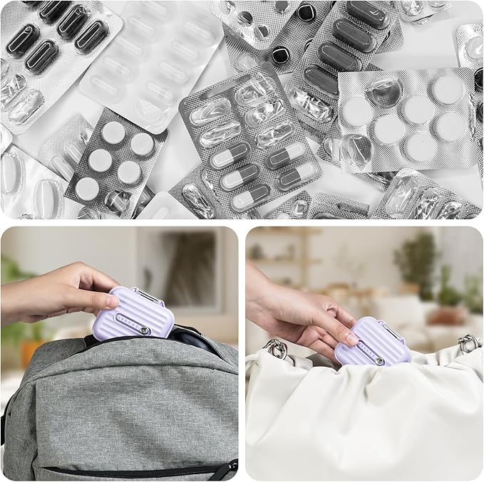 Travel Pill Organizer Box with Labels, 7 Compartments Portable Mini Pill Case, Daily Medication Organizer Storage Pill Container for Pocket Pharmacy(Purple, S)