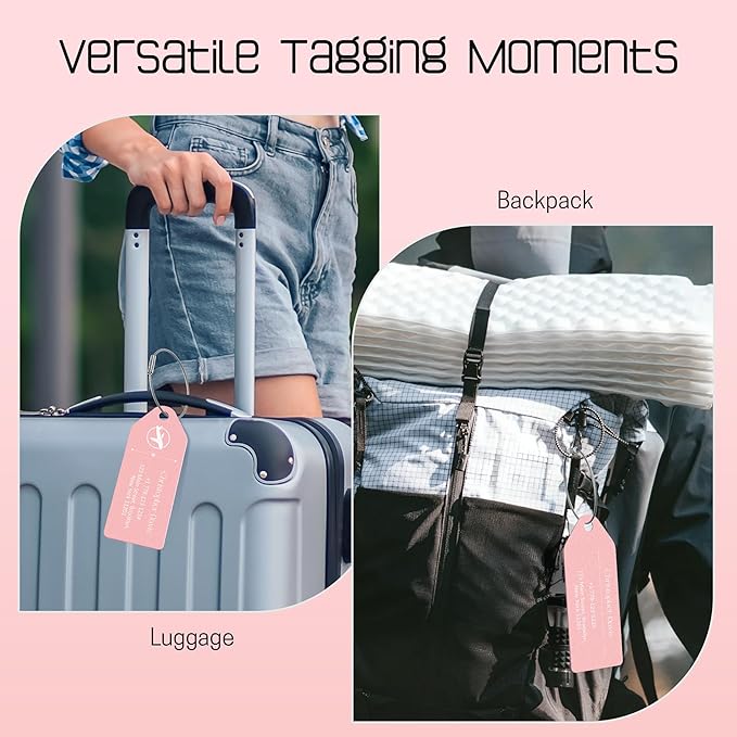 4 PCS Personalized Metal Luggage Tag – Personalized Engraved Suitcase Tag, Backpack Tag, with Matching Color Strap, Waterproof Suitcase Name Badge – Ideal Corporate Gift & Travel Accessory (Pink)