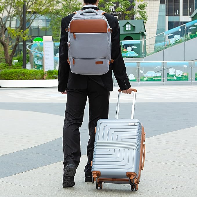 Romswi Luggage Sets 2 Piece 22In, Expandable 22x14x9 Carry On Luggage with Travel Backpack, PC+ABS Hardside Suitcase Set with TSA Lock, Durable Carry On Suitcase with Spinner Wheels Silver
