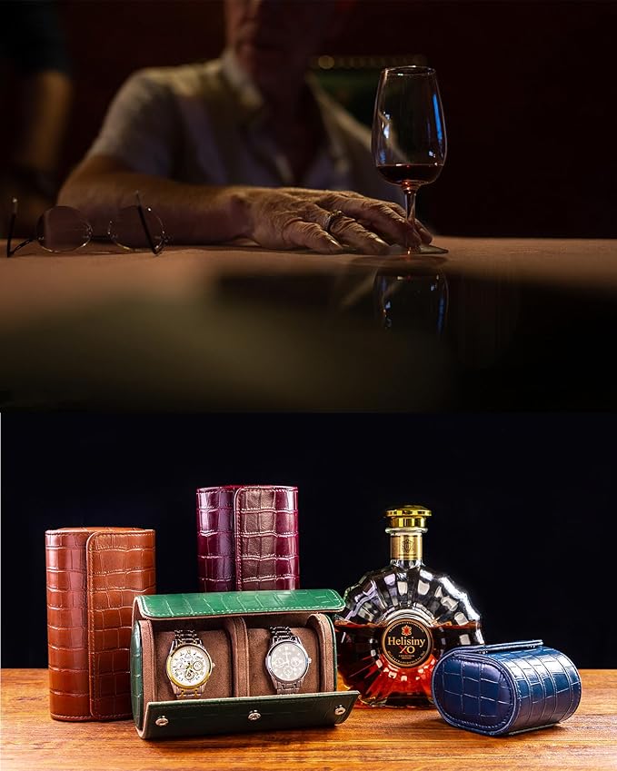 MR.OKAY 2 Watch Travel Case-Classic Leather Watch Case With Superb Texture.(Portable Watch Roll Or Organizer For Storage And Display).Festival Gift For Men, All Handcrafted By Artisans.