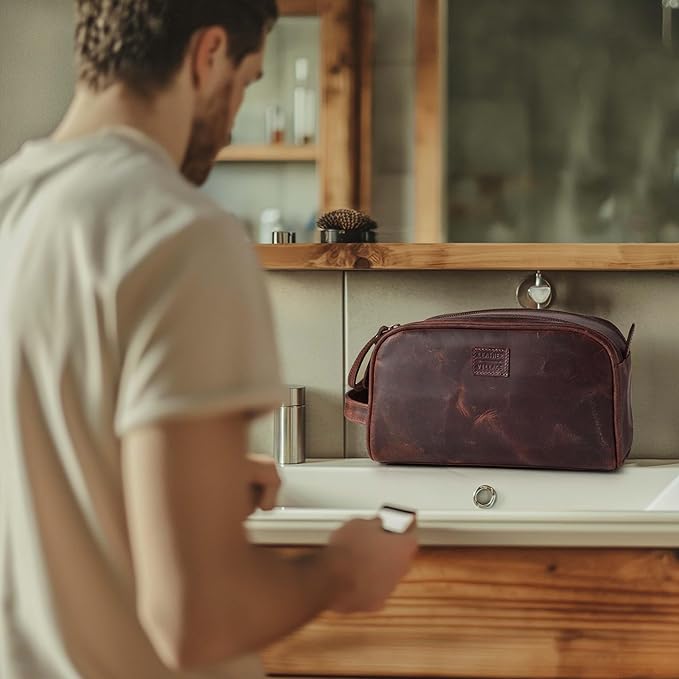LEATHER VILLAGE Premium Leather Toiletry Travel Pouch With Waterproof Lining - Dark Brown | King-Size Handcrafted Vintage Dopp Kit Bag