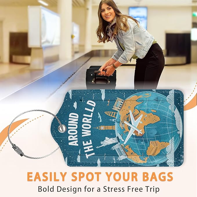 Around The World Travel Art 3 PCS Luggage Tags, Flight Map Leather Suitcase Tags with Privacy Cover Name Address Labels and Durable Steel Loop for Men/Women Travel Bag Suitcases