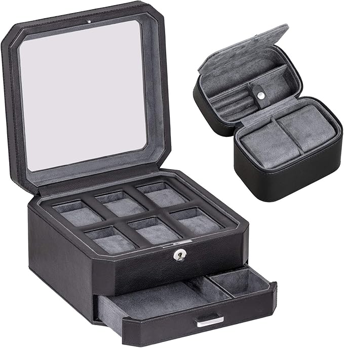 ROTHWELL Gift Box with 6 Slots Leather Watch Box and 2 Watches Travel Case - Storage Box Holder with Glass Top (Black/Grey Gift Box)