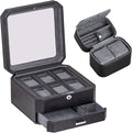 ROTHWELL Gift Box with 6 Slots Leather Watch Box and 2 Watches Travel Case - Storage Box Holder with Glass Top (Black/Grey Gift Box)