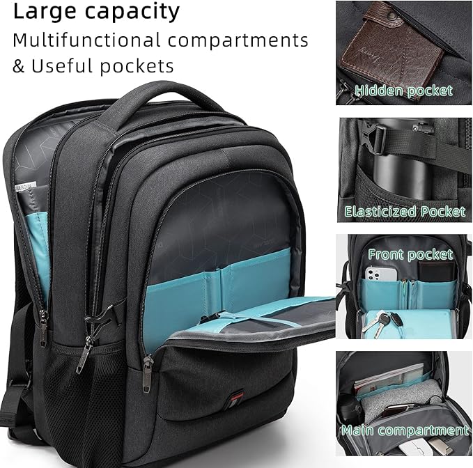 DUSLANG 17 Inch Laptop Backpack for Travel Water Resistant College Backpack for Men/Women Laptop Bag with USB Charging Port and TSA lock,Black