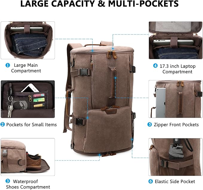 G-FAVOR 40L Travel Backpack, Vintage Canvas Rucksack Convertible Duffel Bag Carry On Backpack Fit for 17.3 Inch Laptop Bag