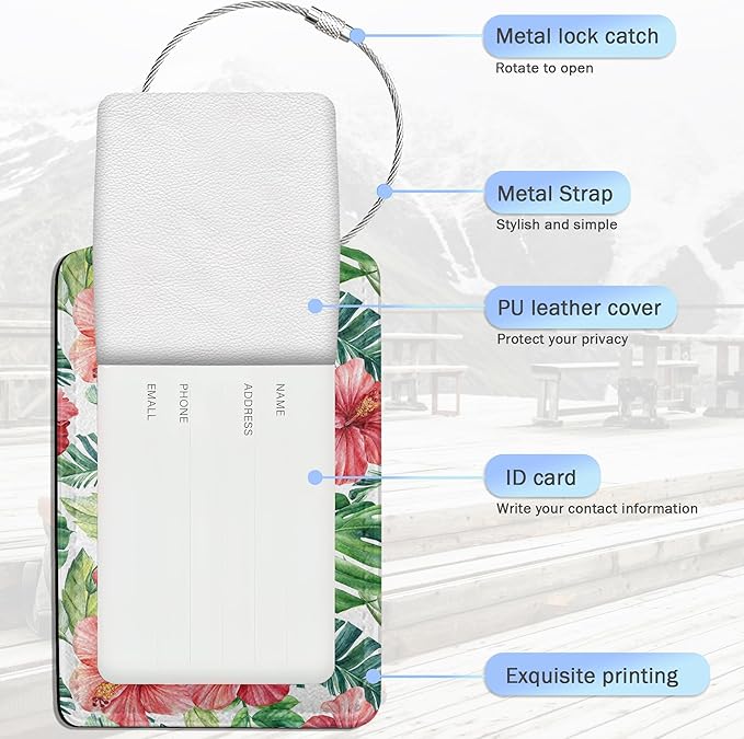 Tropical Palm Leaves Luggage Tags for Suitcase,Hibiscus Flowers Luggage Tags of Set 2 Leather Identifiers Privacy Cover with Stainless Steel Loop for Women Men Travel Bag Suitcase
