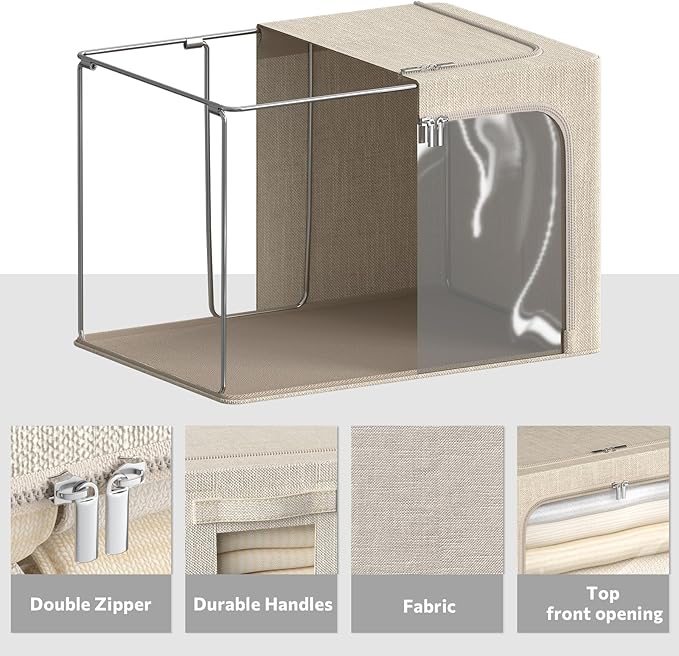 4 Pack Clothes Storage Bins with Metal Frame - Linen Fabric Foldable Stackable Container Organizer Set with Clear Window & Carry Handles & Zippers (Beige, 19.7"x15.7"x13")