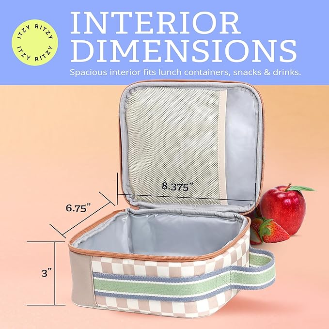 Itzy Ritzy Toddler Lunch Box - Kids Lunch Bag is Insulated and Includes Water Bottle Holder Plus 2 Pockets - Durable, Easy to Clean Toddler Bag (Checkerboard)