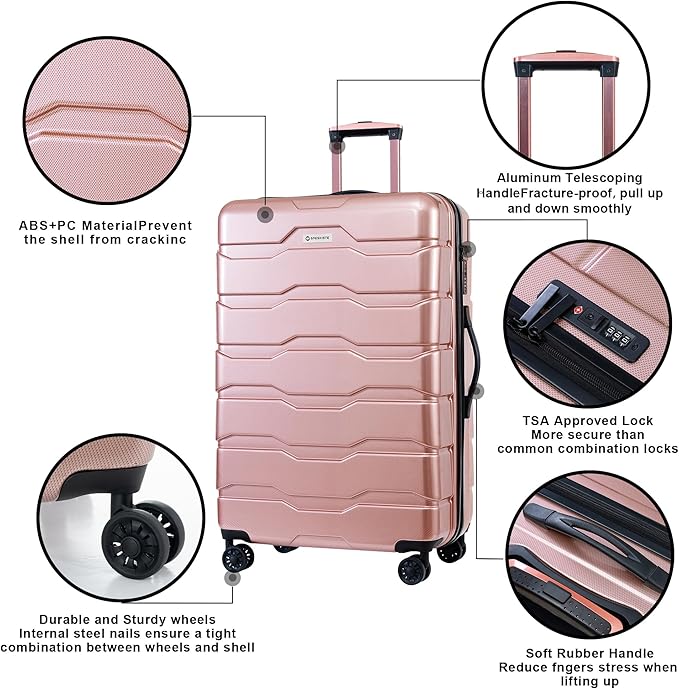 Luggage Set 3 Piece, PC+ABS Lightweight Suitcase Sets with Spinner Wheels, Hard shell Luggage Sets with TSA Lock RoseGold (20/24/28)