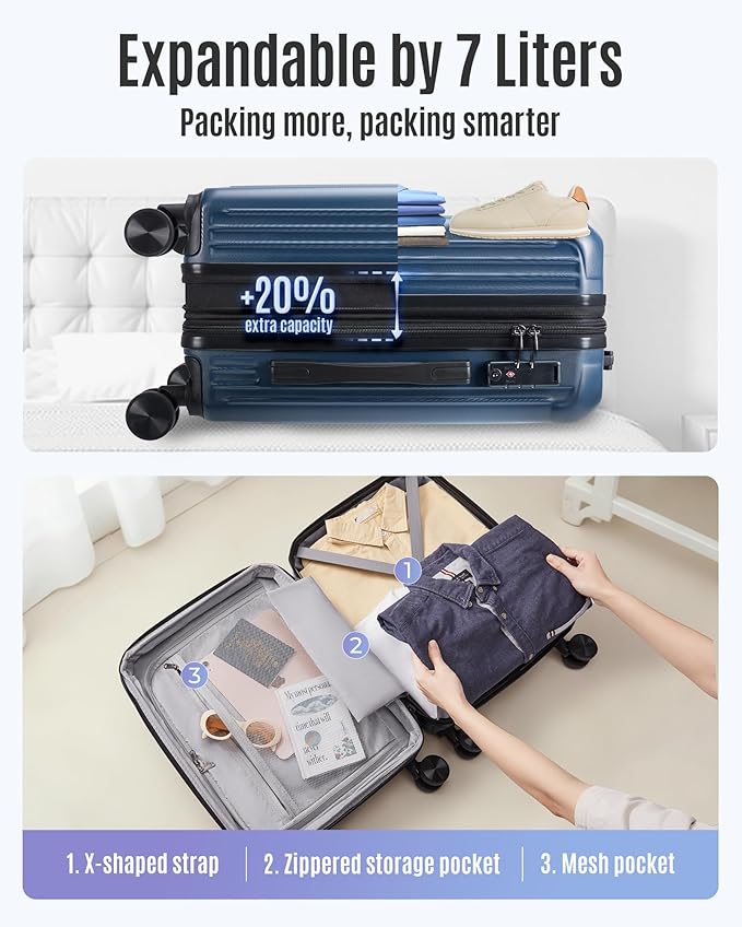 LIGHT FLIGHT Carry On Luggage 22x14x9 Airline Approved, Durable Hard Shell Carry On Suitcases with Wheels, Expandable Hardside Lightweight Travel Luggage with TSA Lock 20 Inch Carry on, Royal Blue