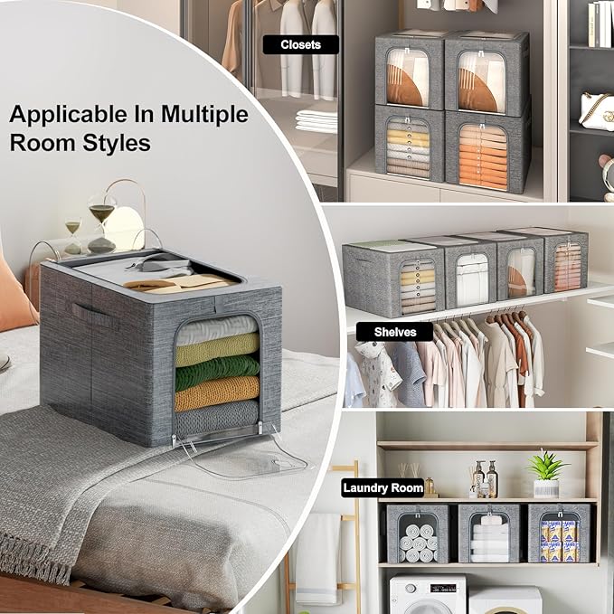 GoMaihe Clothes Storage Bin with Metal Frame: 4-Pack Stackable Closet Storage Bin with Lid & Clear Window, Sweater Boxes Storage for Closet Clothing Bedding Storage Organizer 40L