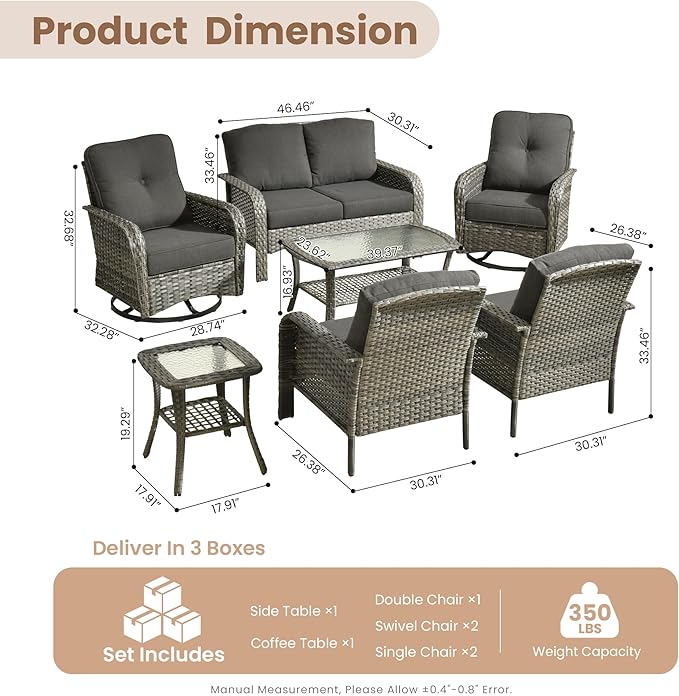 HOOOWOOO Patio Furniture Set,7 Pieces Outdoor Conversation Set,All Weather Wicker Loveseat Sofa Set with High Back Swivel Rocking Chairs Tables,Black