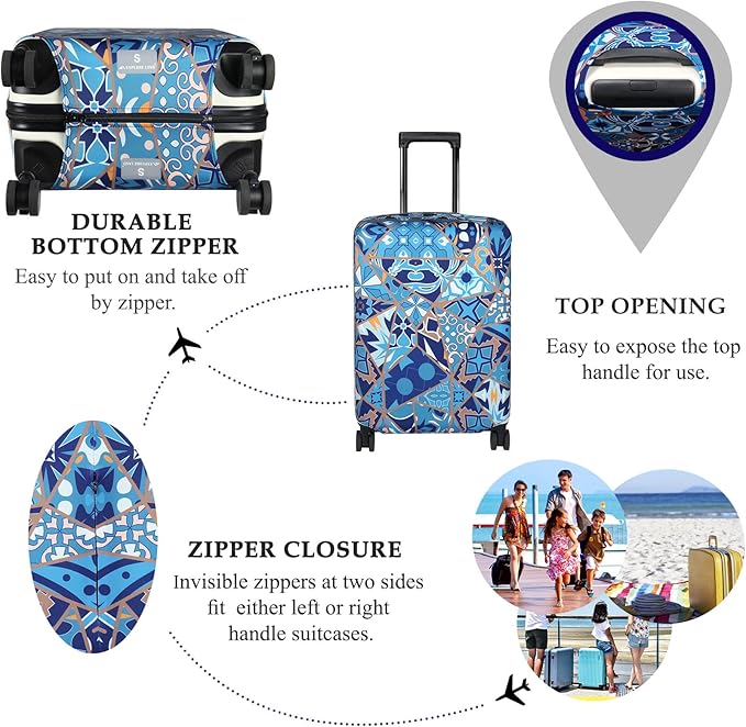 Explore Land Travel Luggage Cover Suitcase Protector Fits 23-26 Inch Case (Portuguese tiles, M)